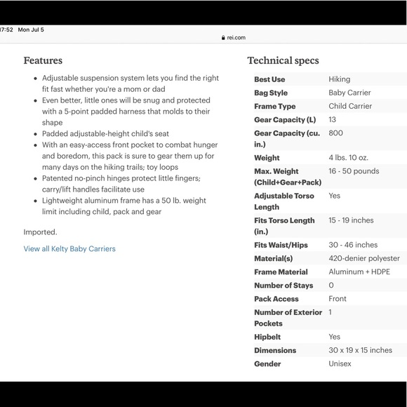 Kelty Tour 1.0 child Carrier - Picture 8 of 11